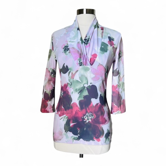 St.John Floral Satin Drape Neckline Blouse Shirt Size Small - Picture 1 of 14